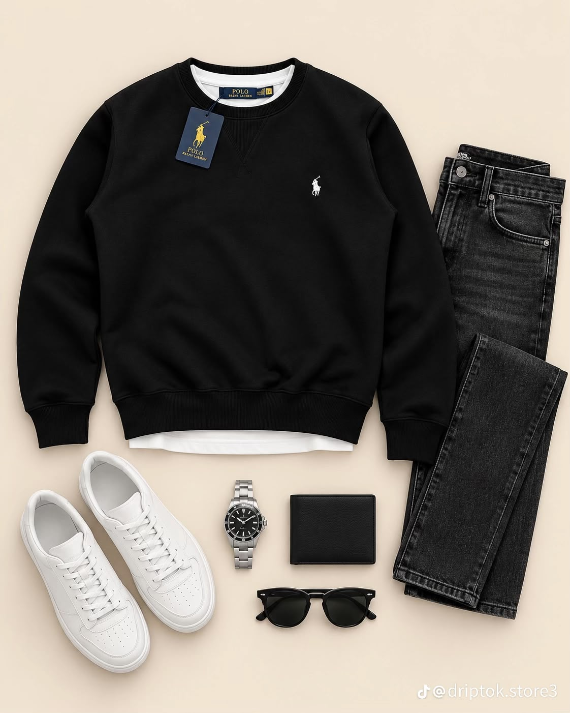 Referencia visual: Polerón negro, denim oscuro y zapatillas blancas.