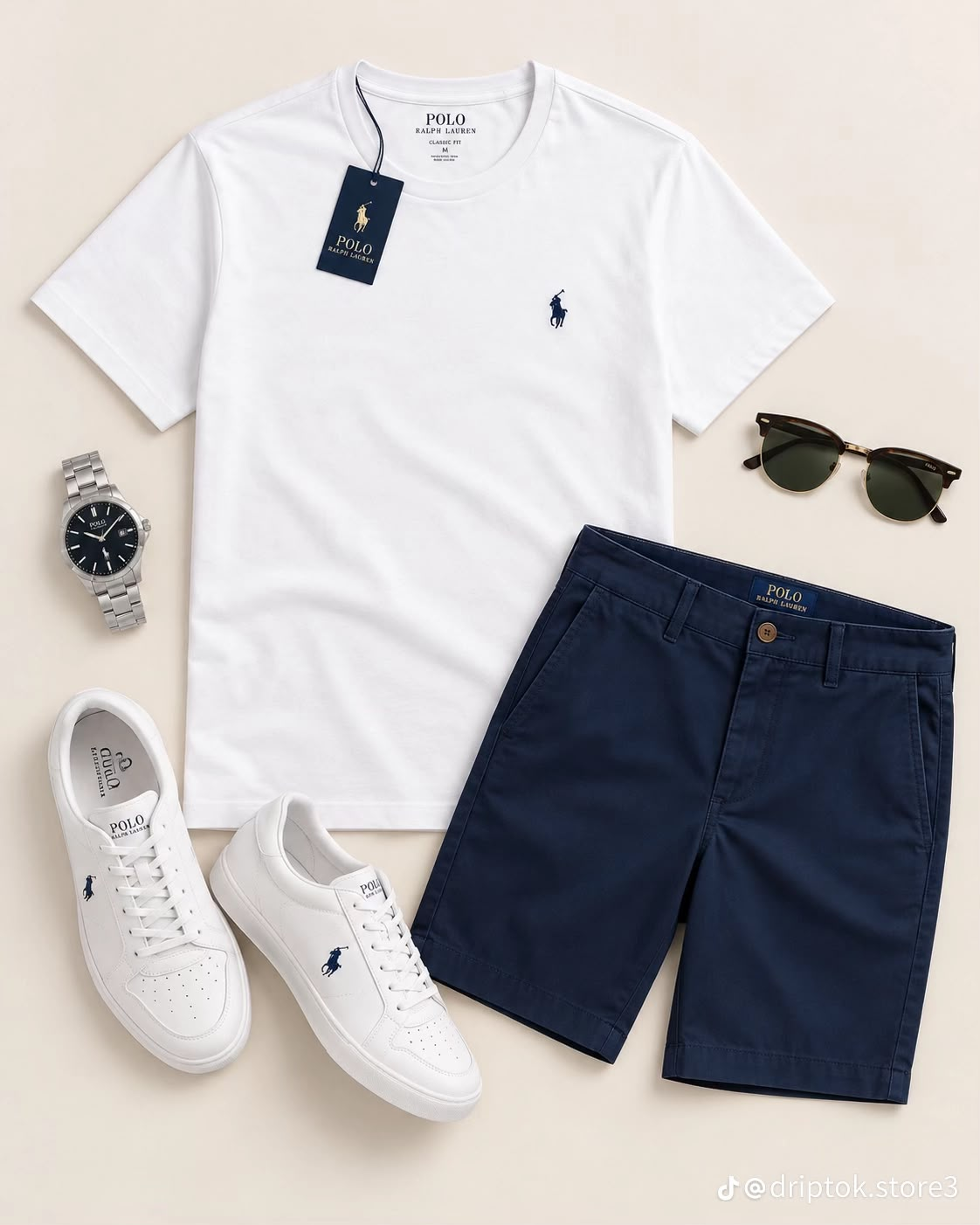 Referencia visual: Polera blanca, bermudas azul marino y accesorios.