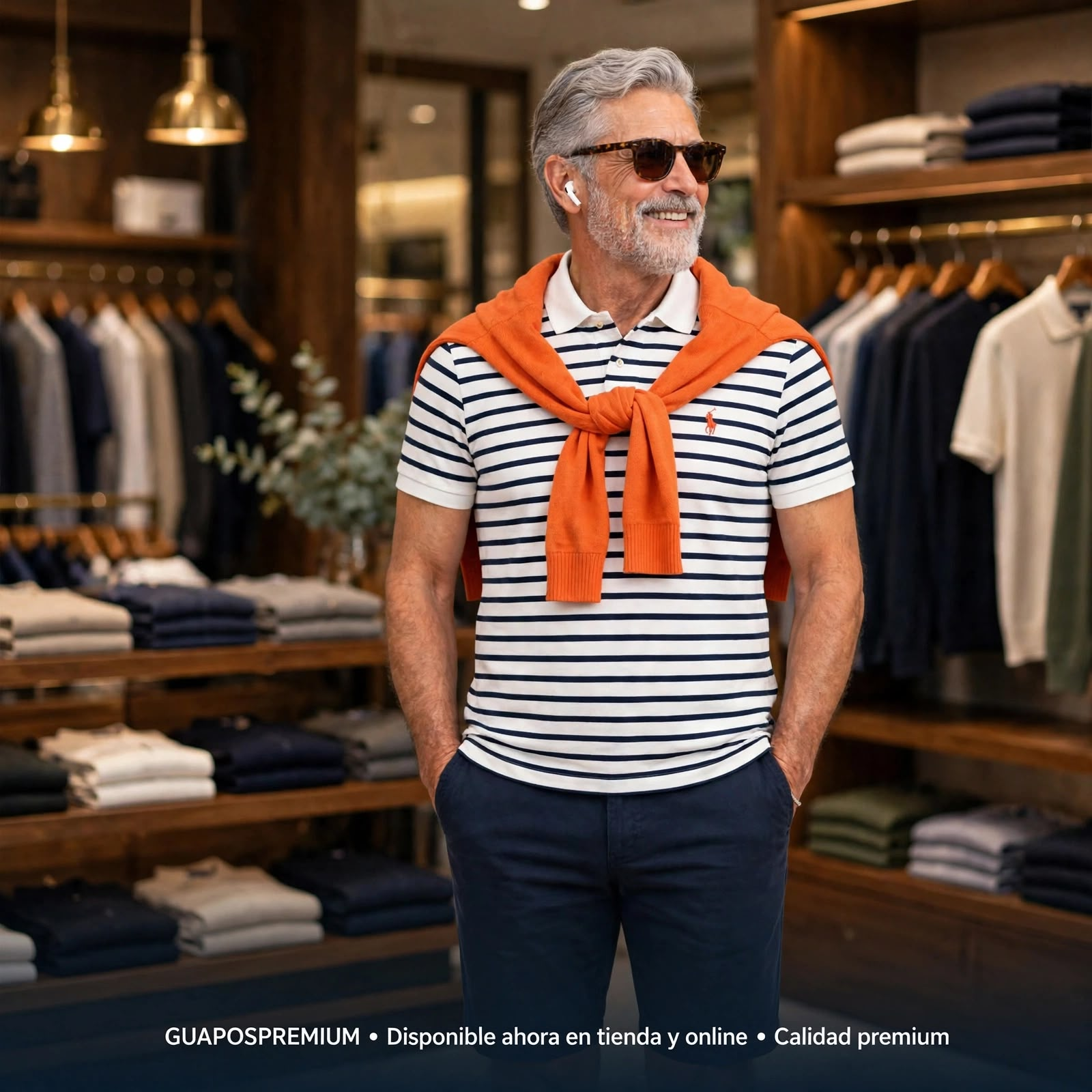 Campaña de referencia: polo a rayas con suéter naranja